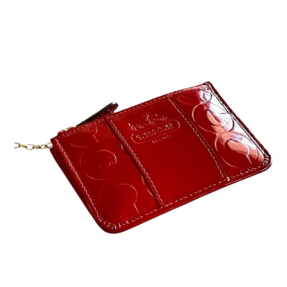 COACH Embossed C Red Patent Leather Gold Key Ring Small Skinny Card Case Top Zip